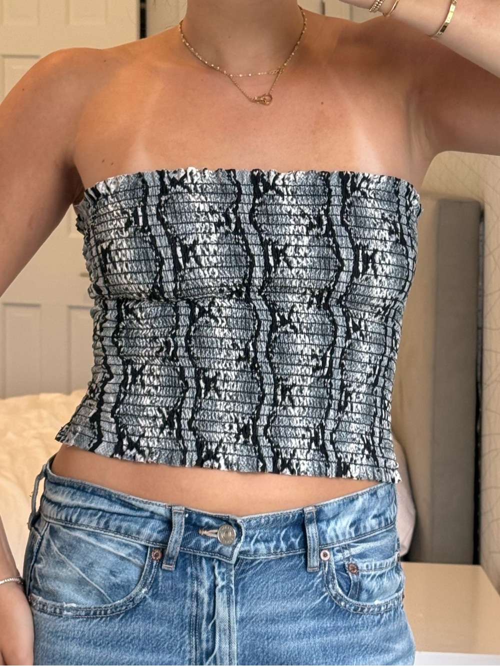 Smocked Black & White Snake-Print Strapless Tube Camisole